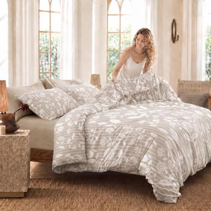 Queen Size Floral Comforter Set 3 Pieces Cotton Bedding - Beige Leaf Stripe