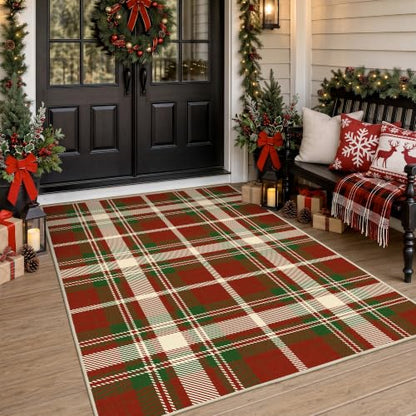 Outdoor Washable Area Rug 8x10 Feet - Red Checkered, Quick Dry for Patio & Entryway - Christmas Red, Non-Slip Backing