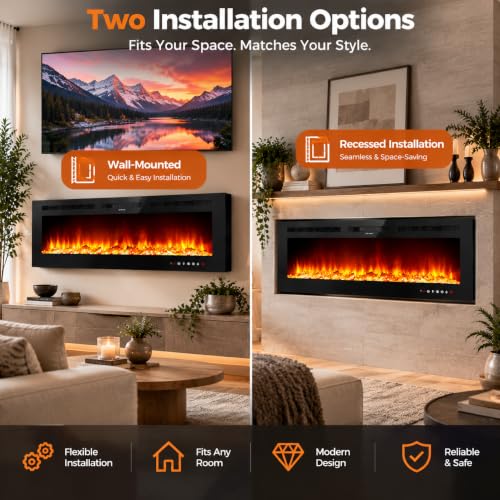 30-Inch Electric Fireplace Wall Mount & Recessed Heater - Dual Flame Effects