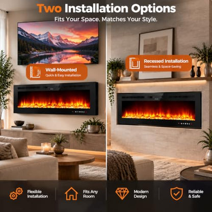 30-Inch Electric Fireplace Wall Mount & Recessed Heater - Dual Flame Effects
