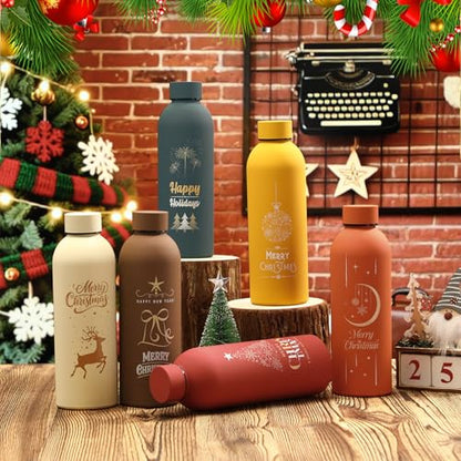 Christmas Water Bottle Set - 6 Stainless Steel 17oz Holiday Drink Bottles - Colorful Festive Design