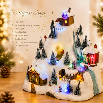 Animated Christmas Village Ski Mountain with Moving Train & Skaters - Holiday Decor