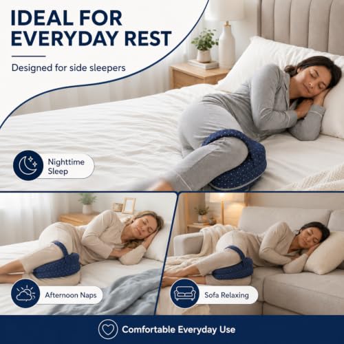 Heart-Shaped Jacquard Navy Knee Support Pillow for Side Sleepers with Adjustable Strap