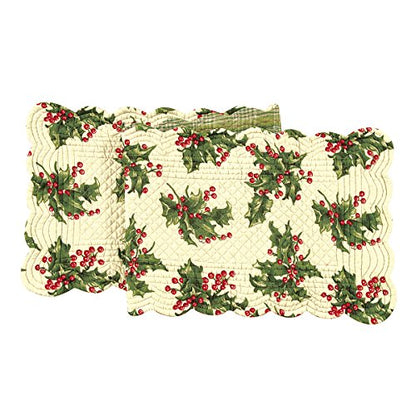Holly Cream Berries 100% Cotton Quilted Christmas Table Runner 14x51 - Cream Variation