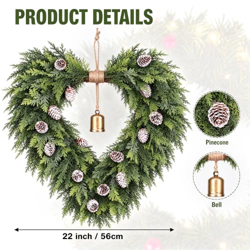 Green Heart Shaped Christmas Wreath with Gold Bells - 22 Inch Holiday Decor
