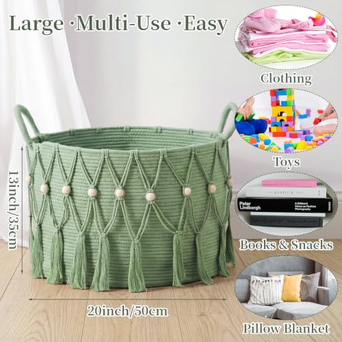Leinuosen Sage Green Boho Blanket Basket 20 x 13 Inch Storage Organizer