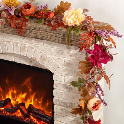 Fall Garland with Flowers for Mantle, 6ft Autumn Decorations for Home