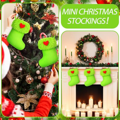 24 Pcs Mini Christmas Stockings - Green Faux Fur Holiday Decor, 6 Inch