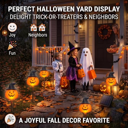 Outdoor Halloween Pumpkin Stake Lights - Solar Jack O Lantern Decor, Waterproof, 6-Pack