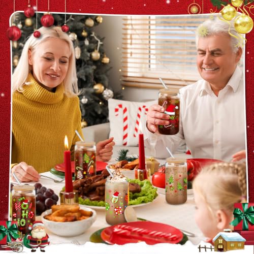 12-Pack Christmas Glass Cups Gift Set - 16oz Drink Jars with Straws & Lids - Vivid Holiday Styles