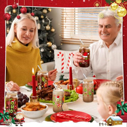 12-Pack Christmas Glass Cups Gift Set - 16oz Drink Jars with Straws & Lids - Vivid Holiday Styles