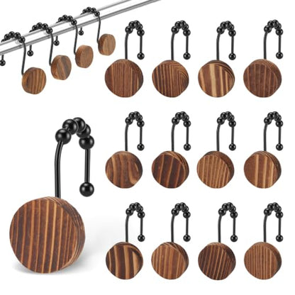 Wood Shower Curtain Hooks - Natural Beads Bathroom Rings - Brown 12 Pack