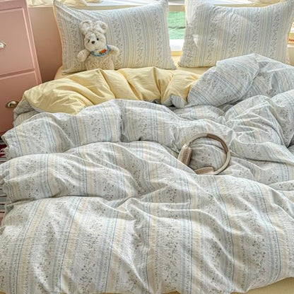 Queen Floral Comforter Set Blue Striped Floral Reversible Bedding