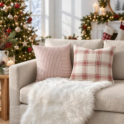 Christmas Pillow Covers 20x20 Set of 2 Red and Cream Striped Linen Decorative Cushion Covers for Couch Bedroom Holiday Decor - Variation of Red / 20" x 20"