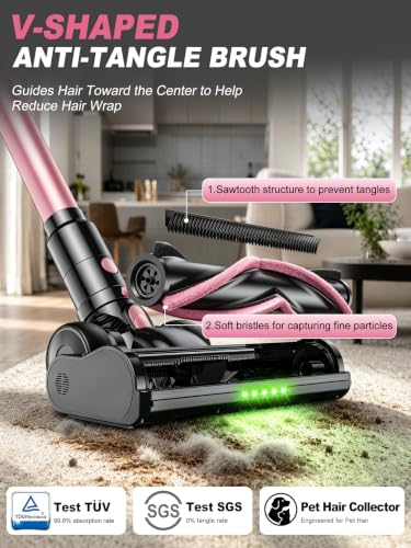 Pink Cordless Vacuum Cleaner, 50KPa Lightweight Stick Vacuum for Home Use