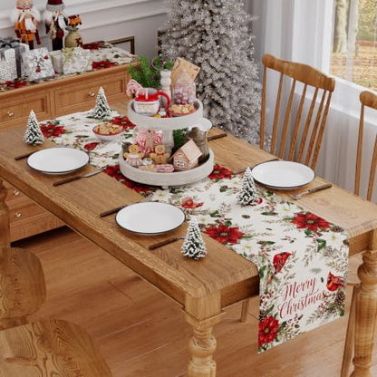 Christmas Table Runner 13x72 Inch Poinsettia Holiday Decor - 220 GSM