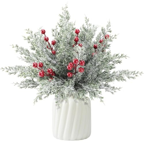 50Pcs Christmas Snow Pine Branches with Red Berries - Snowy Norfolk Pine Stem Set