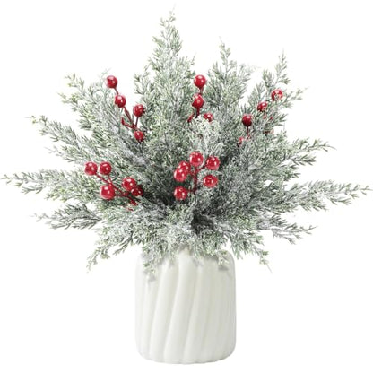 50Pcs Christmas Snow Pine Branches with Red Berries - Snowy Norfolk Pine Stem Set