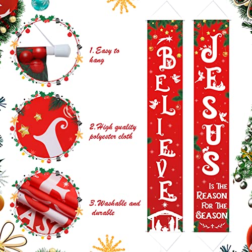 Religious Christmas Porch Banner - Nativity Scene Believe Jesus Tree
