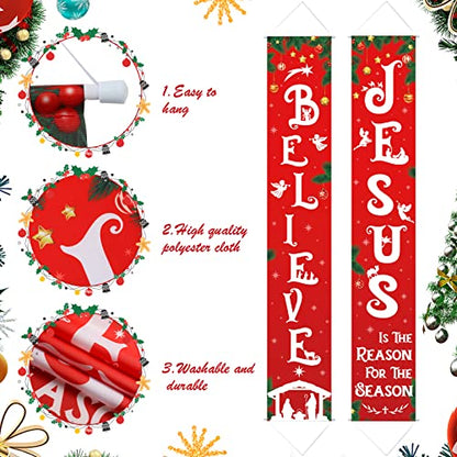 Religious Christmas Porch Banner - Nativity Scene Believe Jesus Tree