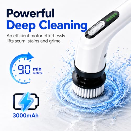 Highyes White Electric Spin Scrubber for Bathroom Cleaning with 7 Brush Heads & Extendable Handle