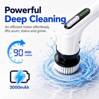 Highyes White Electric Spin Scrubber for Bathroom Cleaning with 7 Brush Heads & Extendable Handle