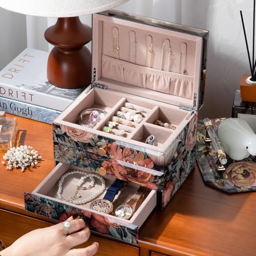 Homruilink Peony Glass Jewelry Box for Women - 3 Layer, Decorative Organizer