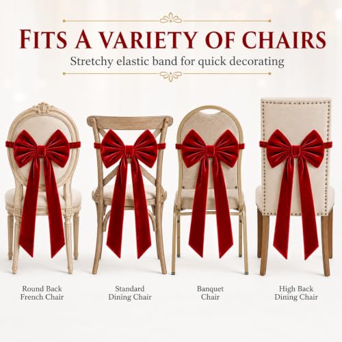 4PCS Red Christmas Bow Chair Sashes Elastic Velvet Decor