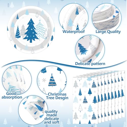 Pickmesh 400 Pcs Blue Silver Christmas Party Plates Cups Napkins Cutlery Set for 50 Guests