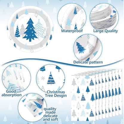 Pickmesh 400 Pcs Blue Silver Christmas Party Plates Cups Napkins Cutlery Set for 50 Guests