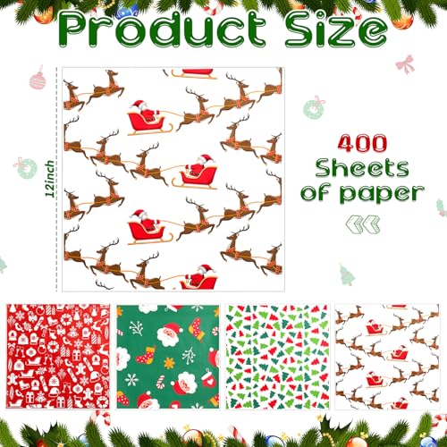 Christmas Wax Paper Sheets - 400 Pack, 12 Inch Food Wrapping with 4 Festive Patterns