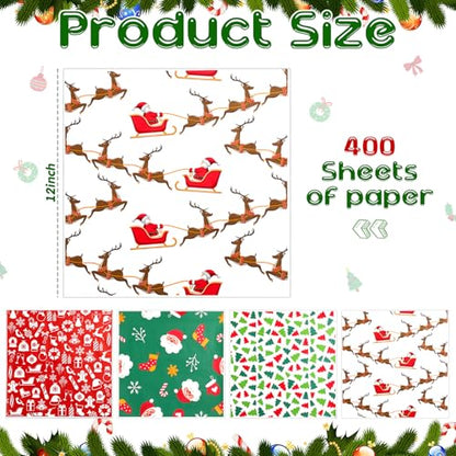 Christmas Wax Paper Sheets - 400 Pack, 12 Inch Food Wrapping with 4 Festive Patterns