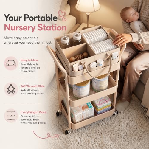 Beige 3-Tier Rolling Diaper Caddy Cart with Wheels & Removable Dividers - Baby Organizer