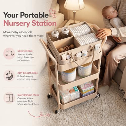 Beige 3-Tier Rolling Diaper Caddy Cart with Wheels & Removable Dividers - Baby Organizer