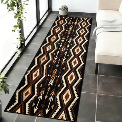 Boho Aztec Runner Rug 4x10 ft Southwestern Tribal Geometric Floor Mat - Black & Earth Tones