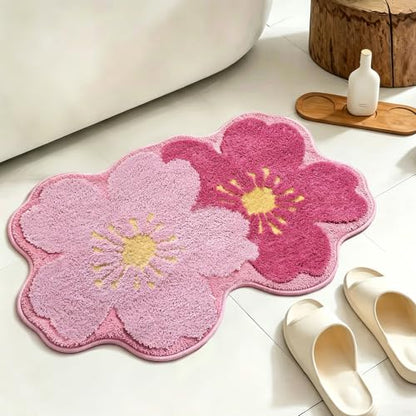 Pink Cute Flower Bath Rug 20x32 Inch Non-Slip Absorbent Bathroom Mat - Cherry Variation