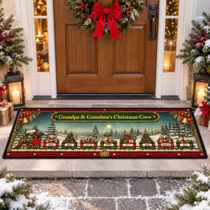 Personalized Christmas Train Family Entryway Rug - Grandma Grandpa Holiday Runner, Xmas Home Decor