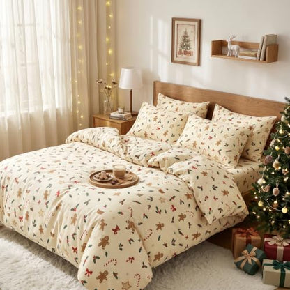 Queen Christmas Comforter Set Gingerbread Holiday Bedding Cream