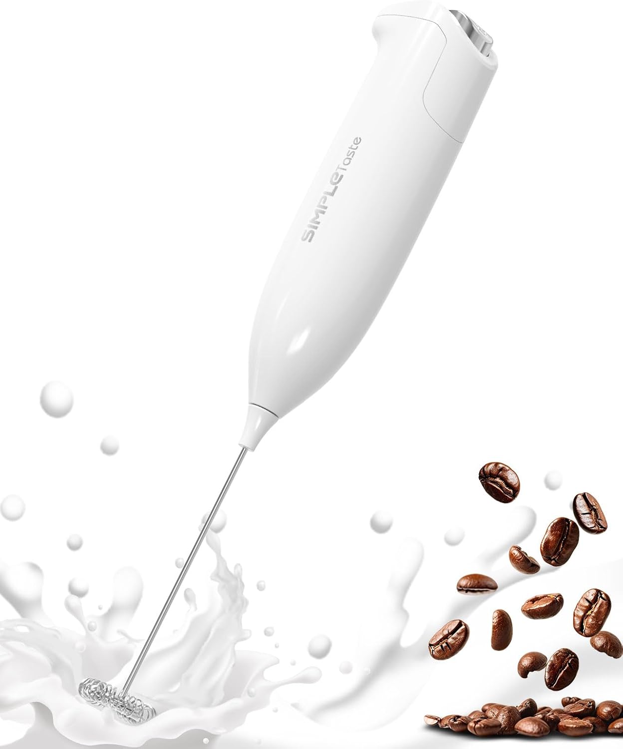SimpleTaste Milk Frother - Handheld Electric Foam Maker for Cappuccino & Latte - Blizzard White