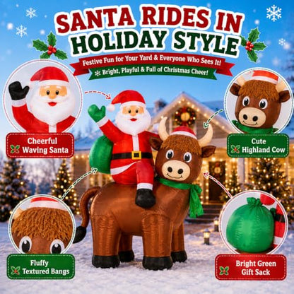 6FT Highland Cow Christmas Inflatable with Santa Riding, Variation: Ox