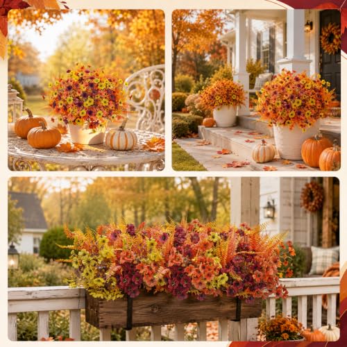 Fall Bright Orange Artificial Flowers - 24Pcs Fall Mums & Ferns for Outdoor Decor