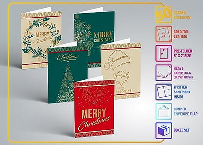 50 Pack Christmas Greeting Cards with Gold Foil - 5 x 7 High Gloss with Envelopes