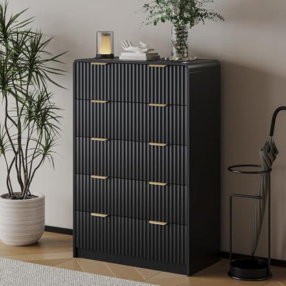 Tall 47" Black 5-Drawer Dresser with Gold Handles | Modern Fluted Panel Bedroom Storage