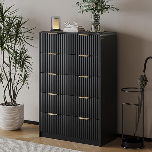Tall 47" Black 5-Drawer Dresser with Gold Handles | Modern Fluted Panel Bedroom Storage