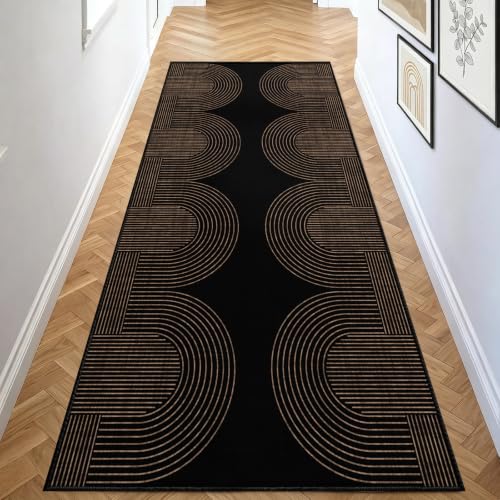 Gold and Black Geometric Runner Rug for Hallway 4x12ft - Non Slip & Machine Washable