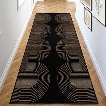 Gold and Black Geometric Runner Rug for Hallway 4x12ft - Non Slip & Machine Washable