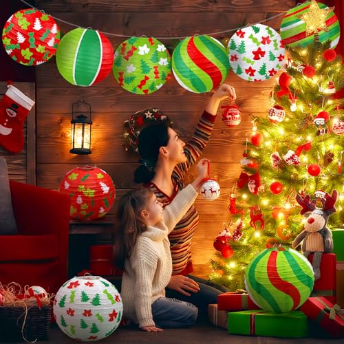 Christmas Paper Lanterns Set - 12 Hanging Holiday Decorations with 5 Designs - Variation of Christmas Paper Lanterns