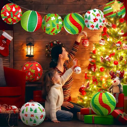 Christmas Paper Lanterns Set - 12 Hanging Holiday Decorations with 5 Designs - Variation of Christmas Paper Lanterns