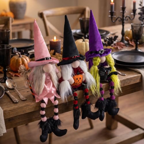 Halloween Witch Gnomes Plush Decor Set - 3 Cute Long Leg Elf Ornaments