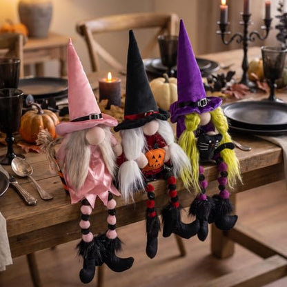 Halloween Witch Gnomes Plush Decor Set - 3 Cute Long Leg Elf Ornaments